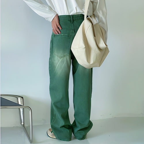 Olive Mens Premium Retro Vintage Denim Baggy Jeans