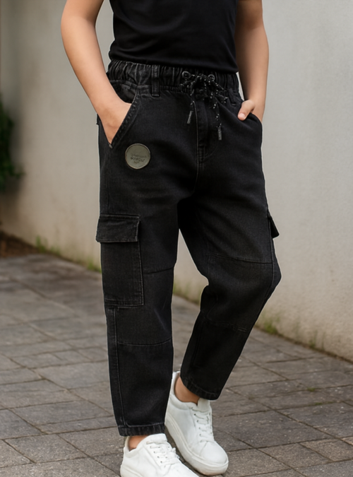 Boys' Black Denim Jogger Cargo Pants