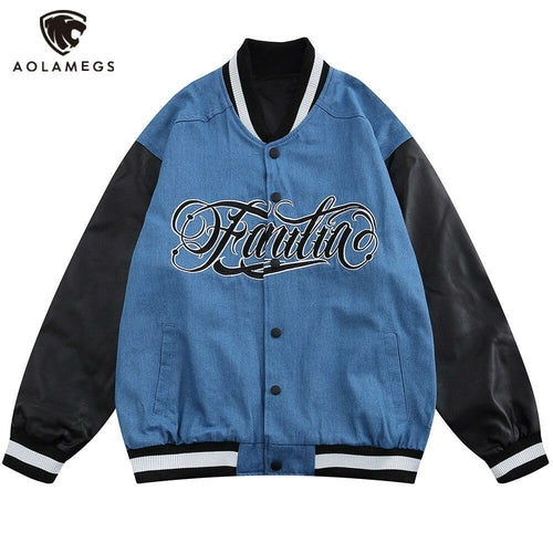 Jacket Men Denim Leather Patchwork Color Letter Embroidery Baggy