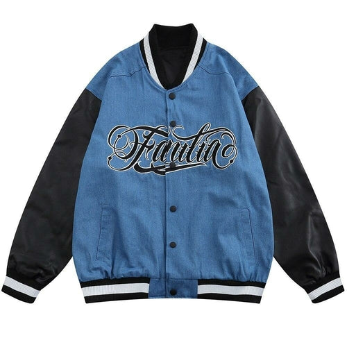 Jacket Men Denim Leather Patchwork Color Letter Embroidery Baggy