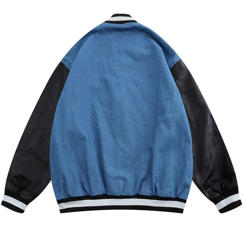 Jacket Men Denim Leather Patchwork Color Letter Embroidery Baggy