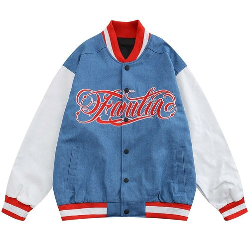 Jacket Men Denim Leather Patchwork Color Letter Embroidery Baggy