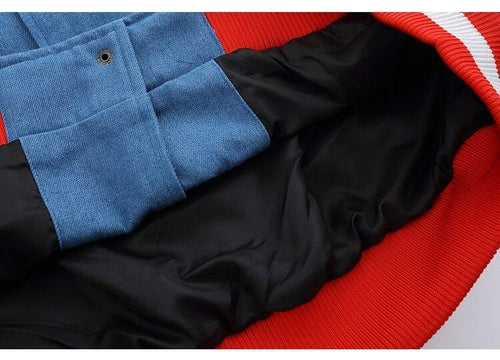 Jacket Men Denim Leather Patchwork Color Letter Embroidery Baggy