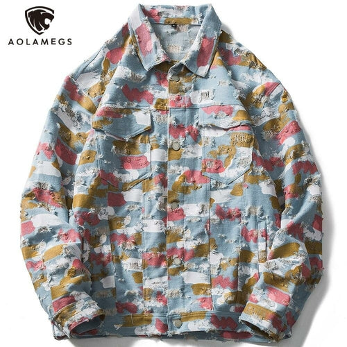 Watercolor Graffiti Hole Ripped Denim Jacket Men