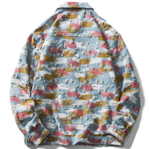 Watercolor Graffiti Hole Ripped Denim Jacket Men