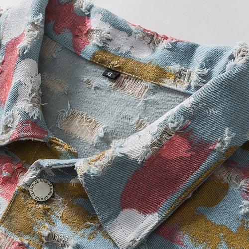 Watercolor Graffiti Hole Ripped Denim Jacket Men