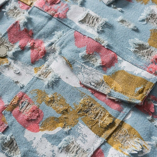 Watercolor Graffiti Hole Ripped Denim Jacket Men