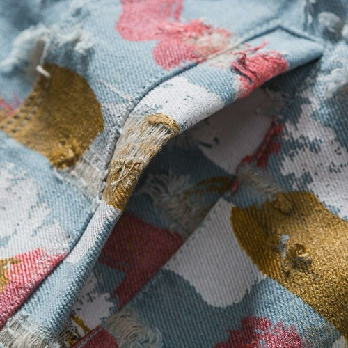 Watercolor Graffiti Hole Ripped Denim Jacket Men