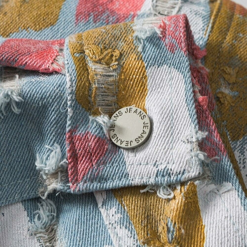 Watercolor Graffiti Hole Ripped Denim Jacket Men