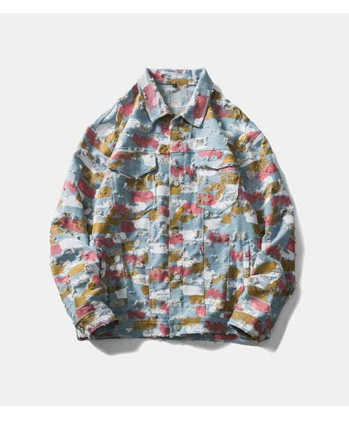 Watercolor Graffiti Hole Ripped Denim Jacket Men