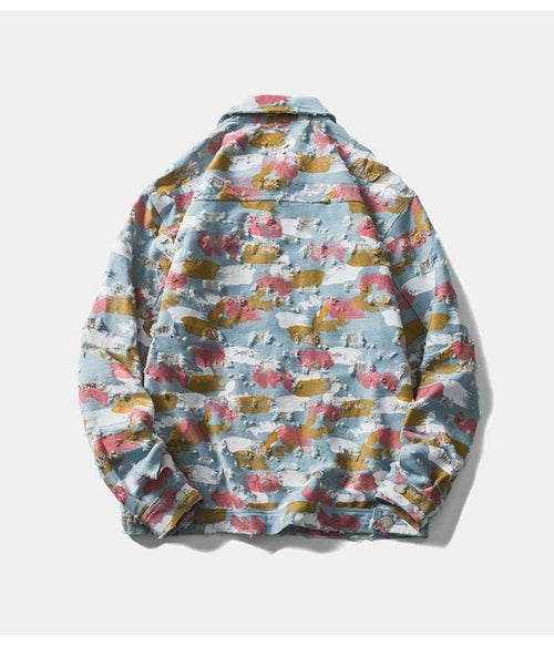 Watercolor Graffiti Hole Ripped Denim Jacket Men