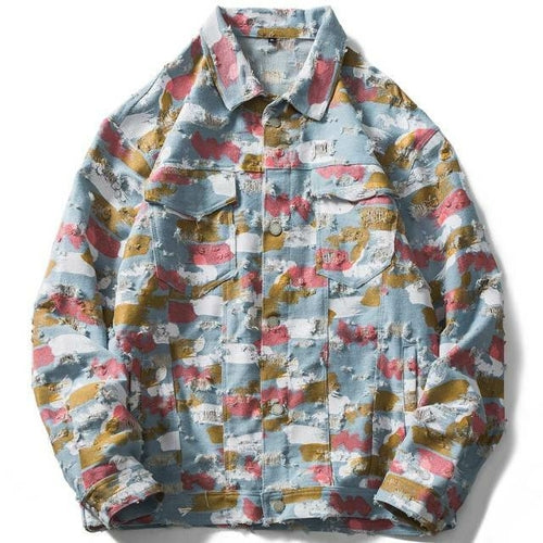 Watercolor Graffiti Hole Ripped Denim Jacket Men
